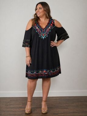 Exclusive Dress Womens Size XXL Black Embroidered Cold Shoulder Boho